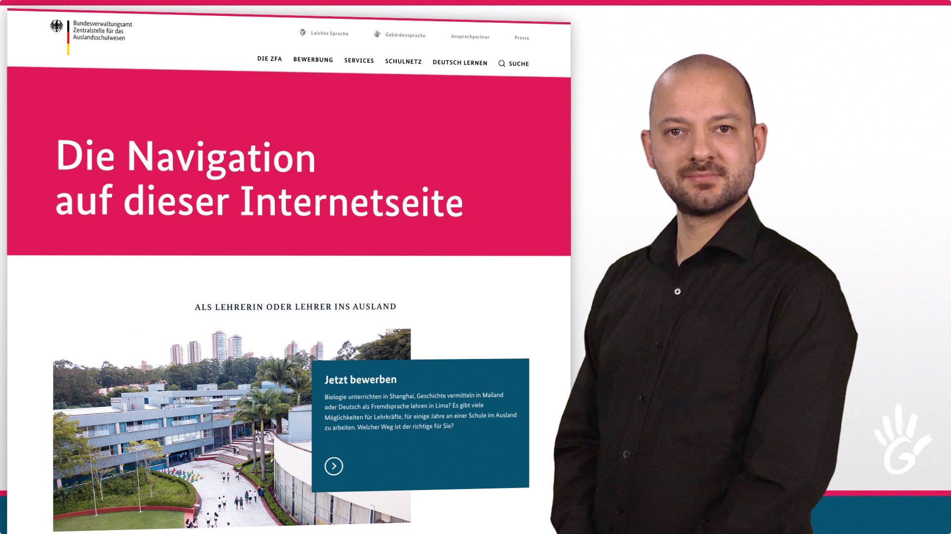 Das Bild zeigt einen Mann vor einem weißen Hintergrund mit der Startseite der Website der ZfA